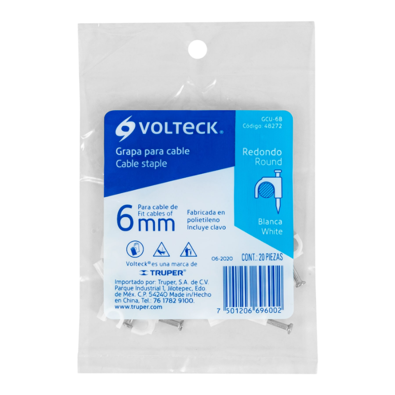 BOLSA VOLTECK C/GRAPAS 20 PZS BLANCA CABLE REDONDO 6mm | 48272